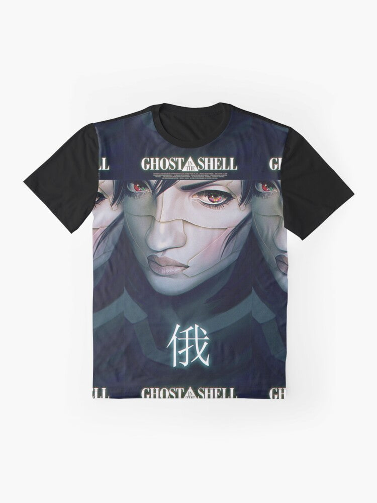 Retro Ghost in the Shell anime-inspired graphic t-shirt featuring cyberpunk mecha, robot, and surrealism design elements - Flat lay