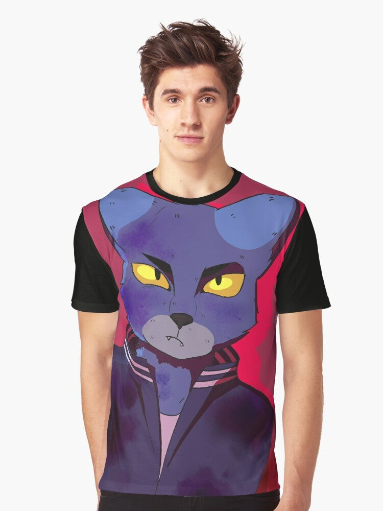 Graphic t-shirt featuring the "Lone Digger" character from the Caravan Palace electro-swing music group, with a furry cat design. - Men