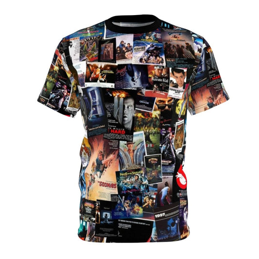 Vintage-style t-shirt featuring classic movie poster designs from the 1980s