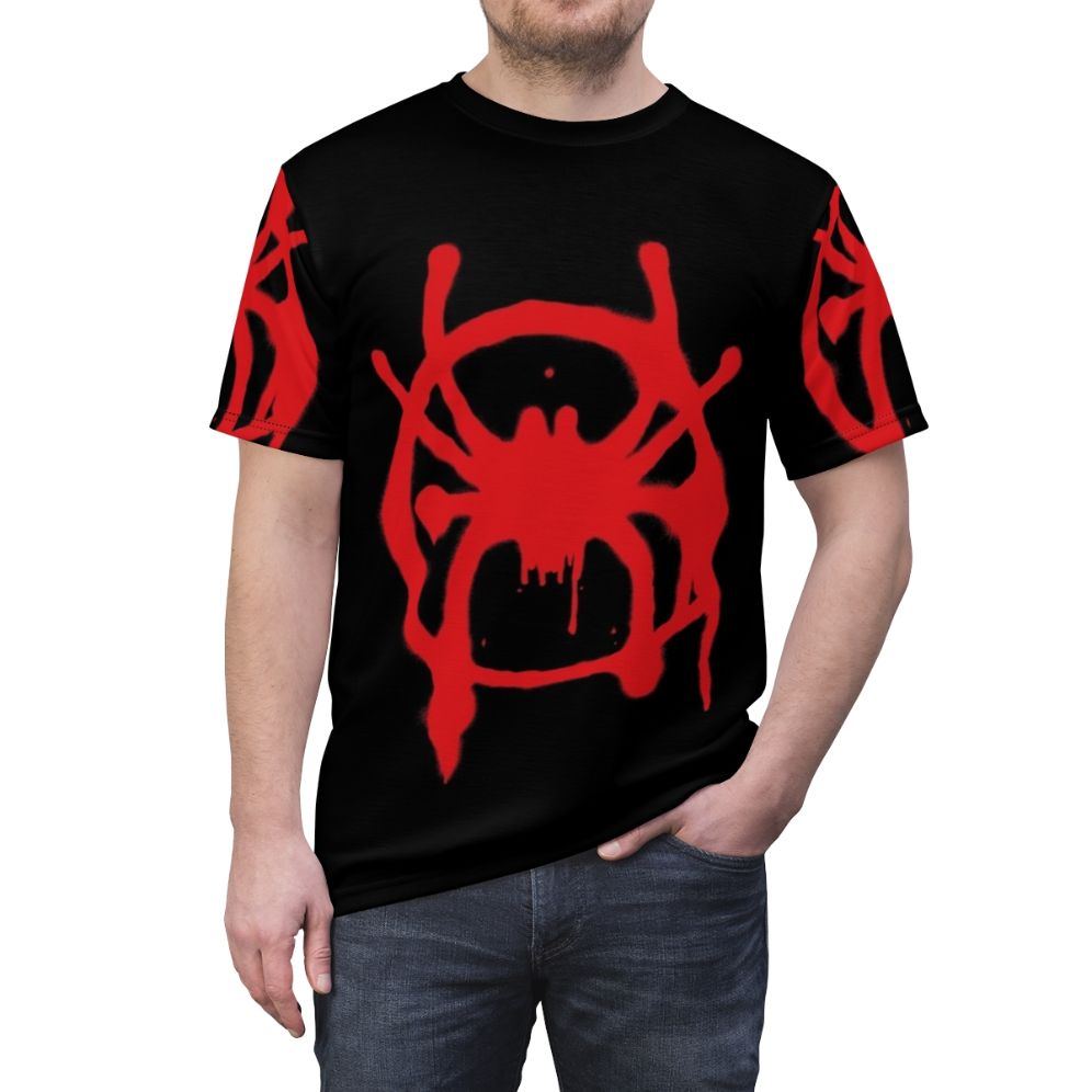 Spider-Verse inspired graphic t-shirt featuring Spider-Man comic book style design - men front