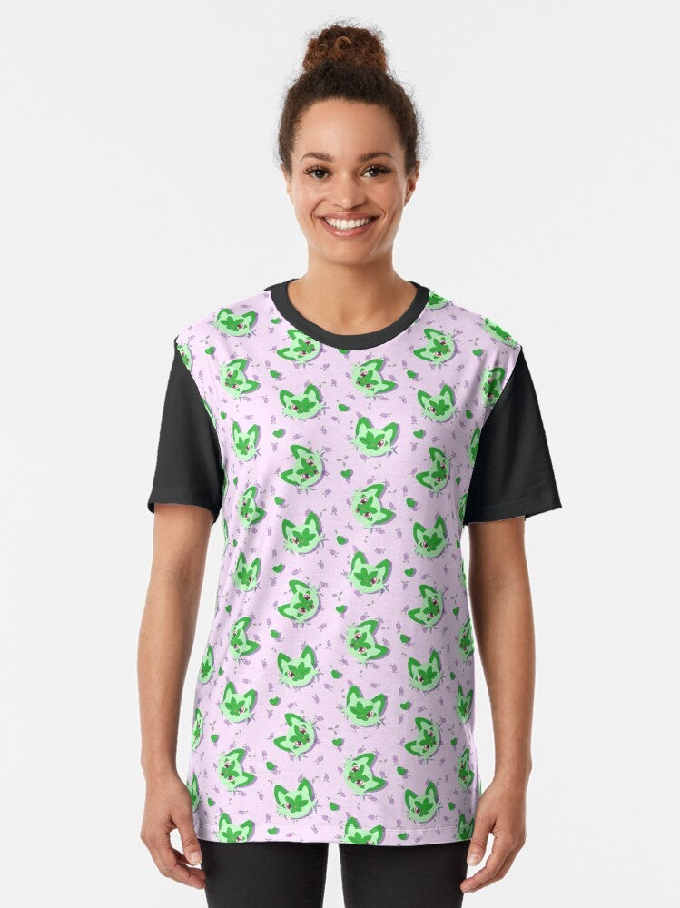 Spriggy pattern graphic t-shirt featuring cute cat and floral design - Women