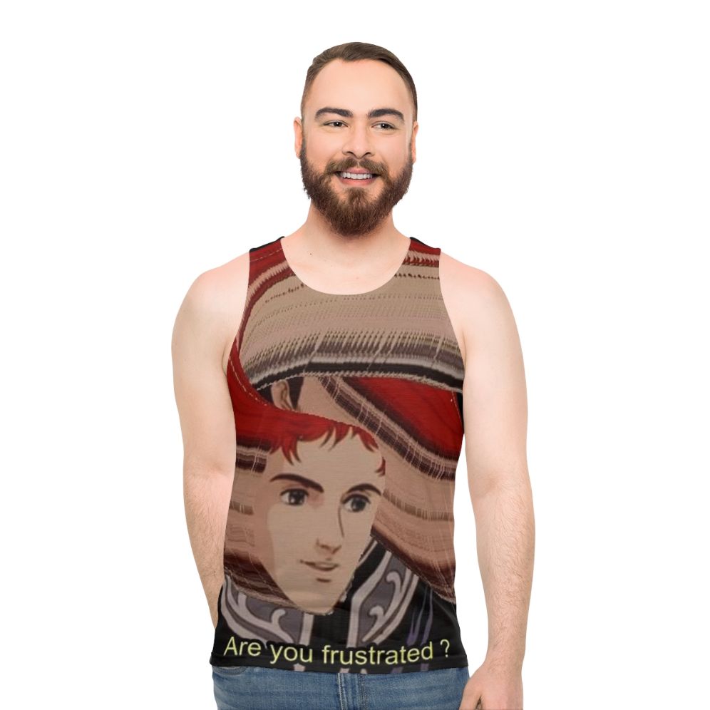 Unisex tank top with 'F R U S T R A T I O N' anime-inspired graphic design - men