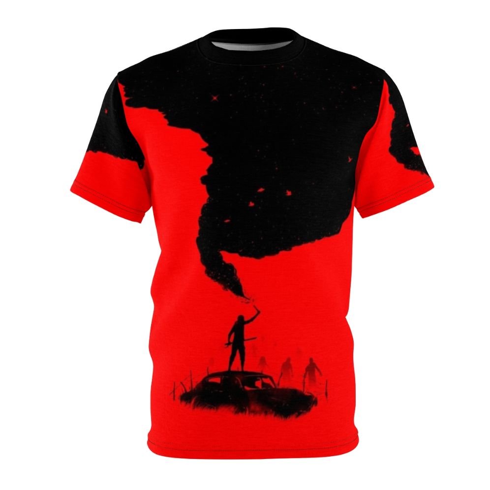 A dystopian graphic t-shirt featuring a silhouetted figure with a sword against a negative space background with sos text.