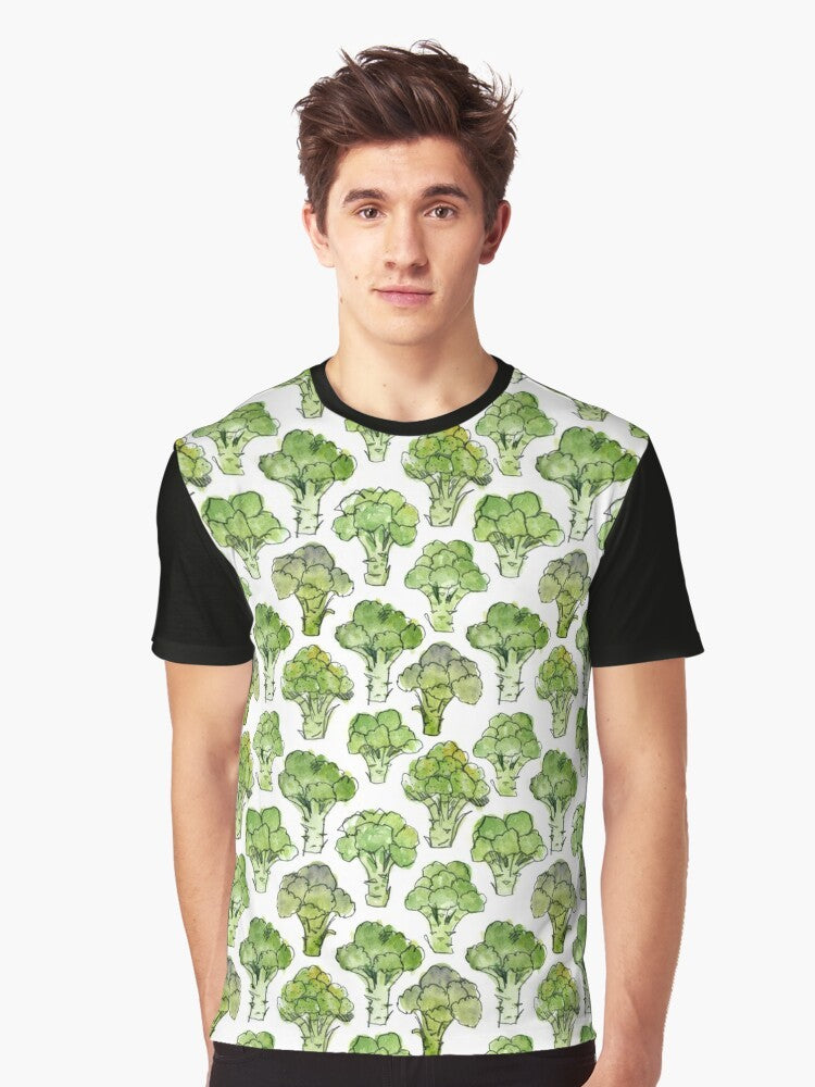 Watercolor illustration of broccoli florettes and flowers on a green t-shirt. - Men