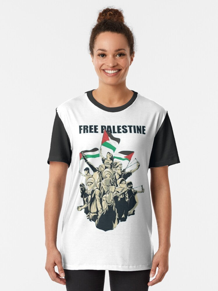 Graphic t-shirt design featuring the text "Free Palestine, Save Palestine: Palestinian Lives Matter" with the Palestinian flag. - Women