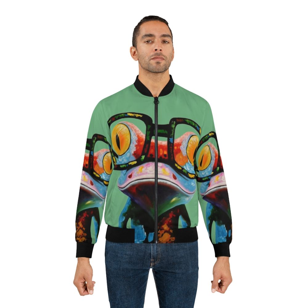 Colorful bomber jacket featuring a hipster frog wearing nerd glasses - Lifestyle