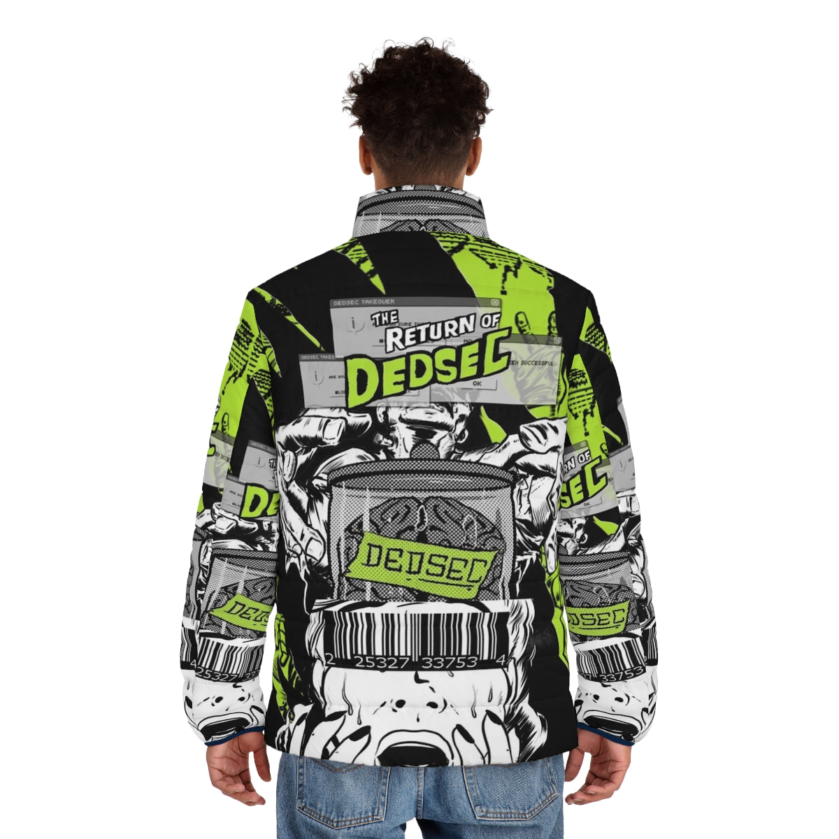 Dedsec logo printed puffer jacket with video game inspired pop art design - men back