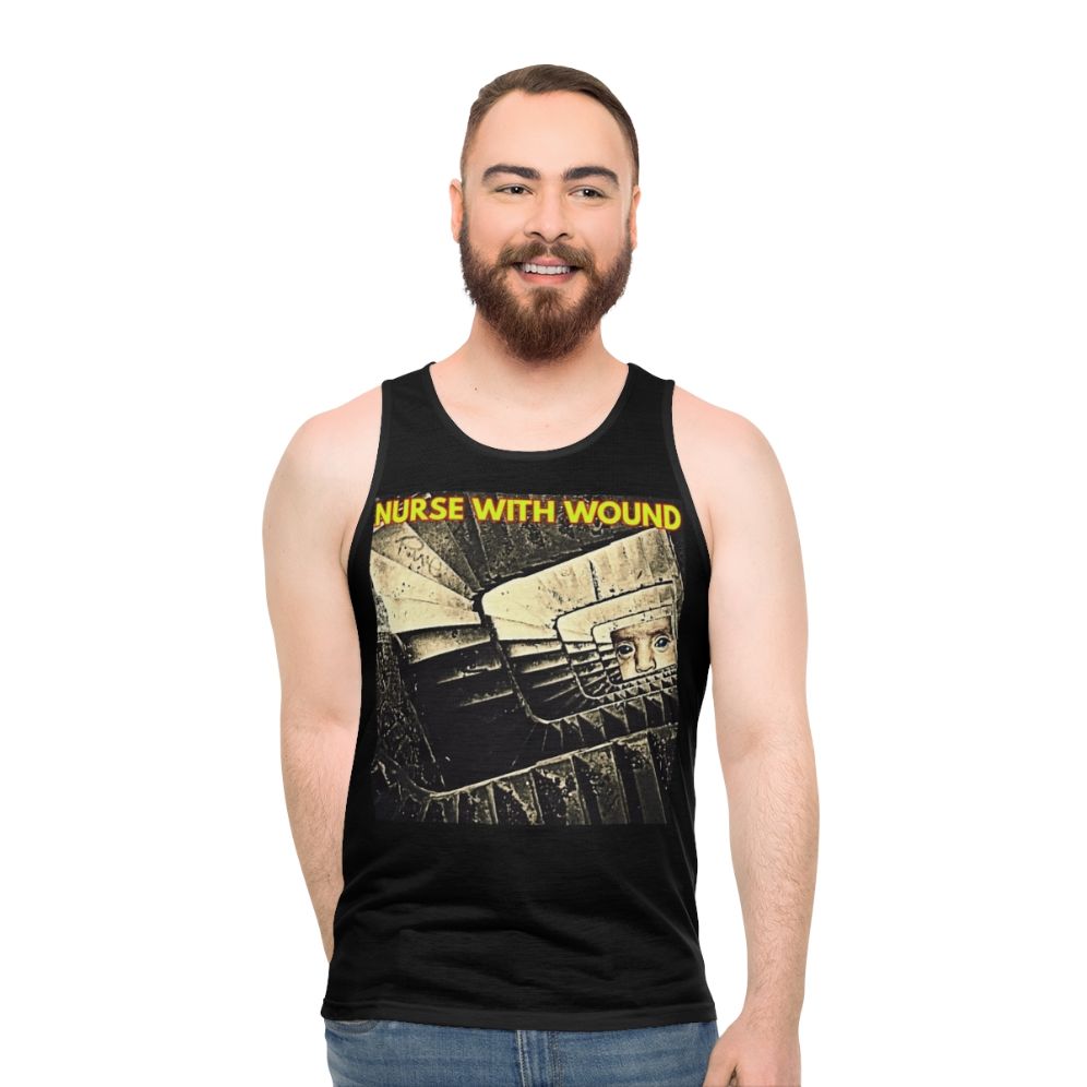 Unisex tank top featuring industrial and experimental music artwork - men