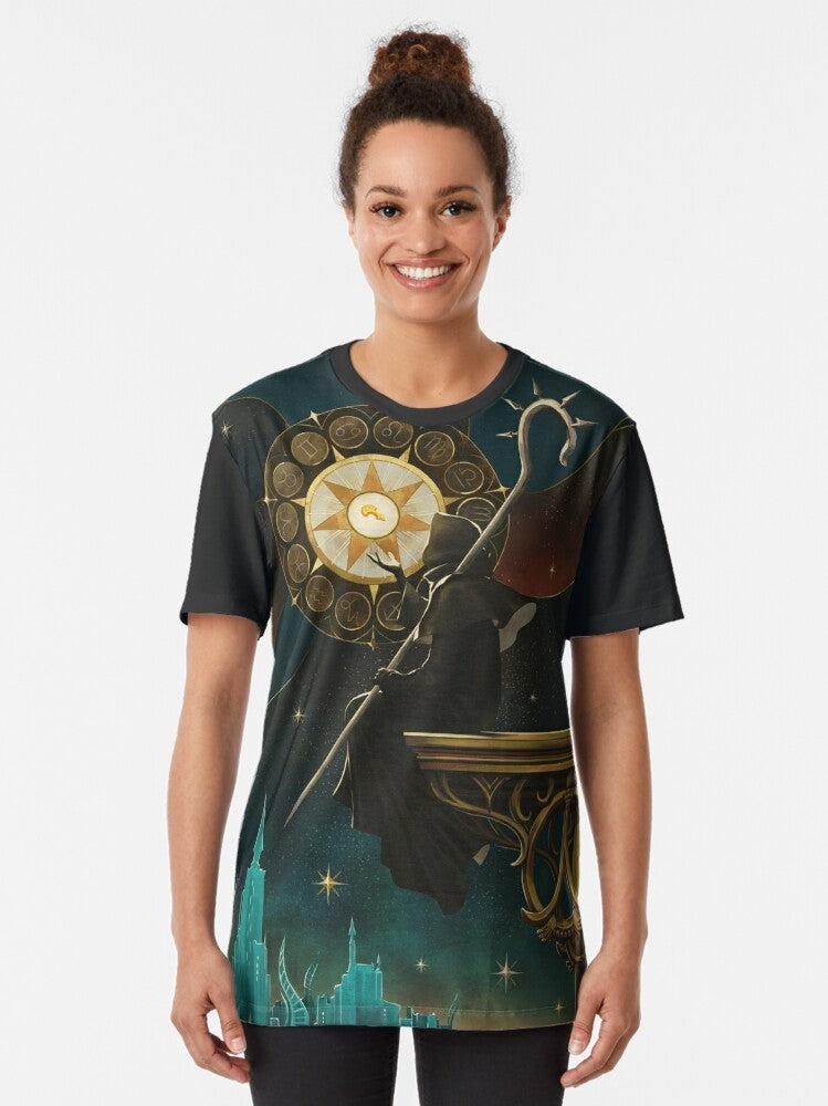 Azem-inspired graphic t-shirt for Final Fantasy XIV fans featuring tarot, zodiac, and magical elements. - Women