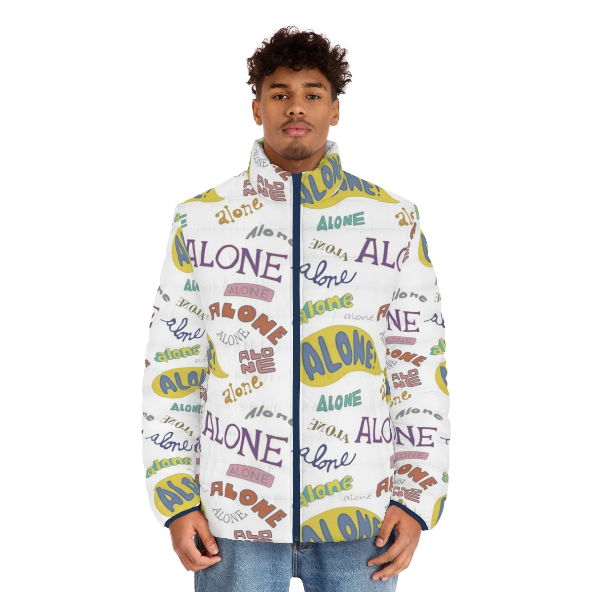 Alone Puffer Jacket with Spongebob and Squidward Meme Design - men front