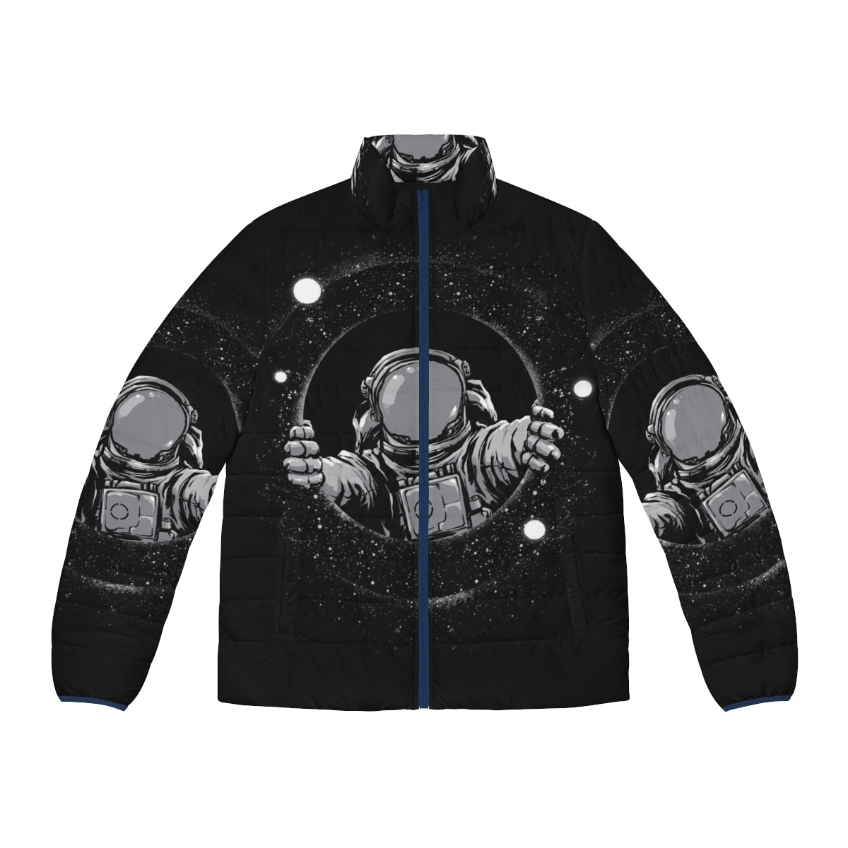 Black puffer jacket with a print of a black hole in space