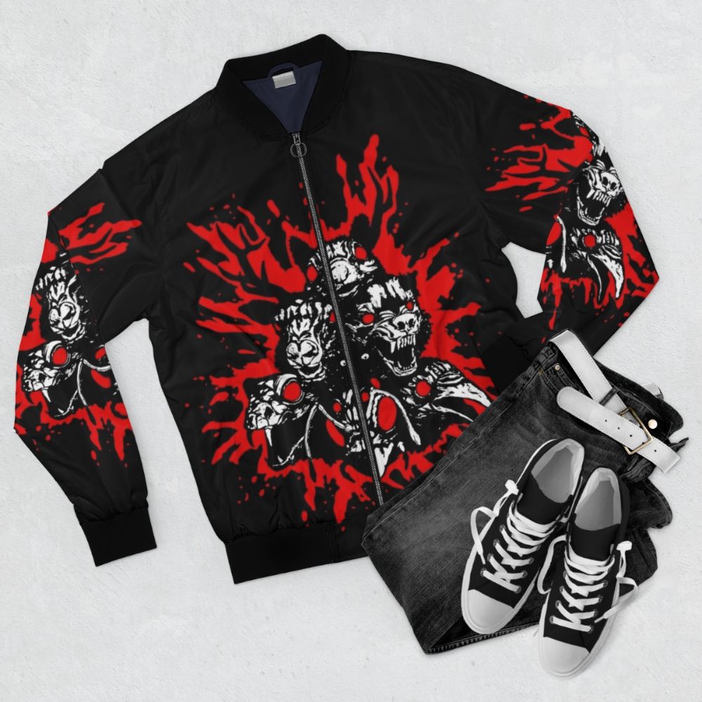 Blood Totems Horror Bomber Jacket with Raven, Squirrel, Wolf, and other Occult Symbols - Flat lay