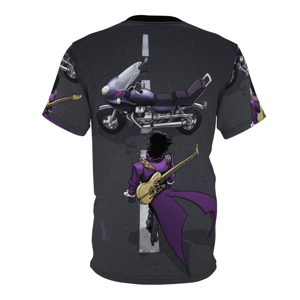 Unisex t-shirt featuring a vibrant motorcycle, guitar, and purple-themed design inspired by manga and anime art. - Back