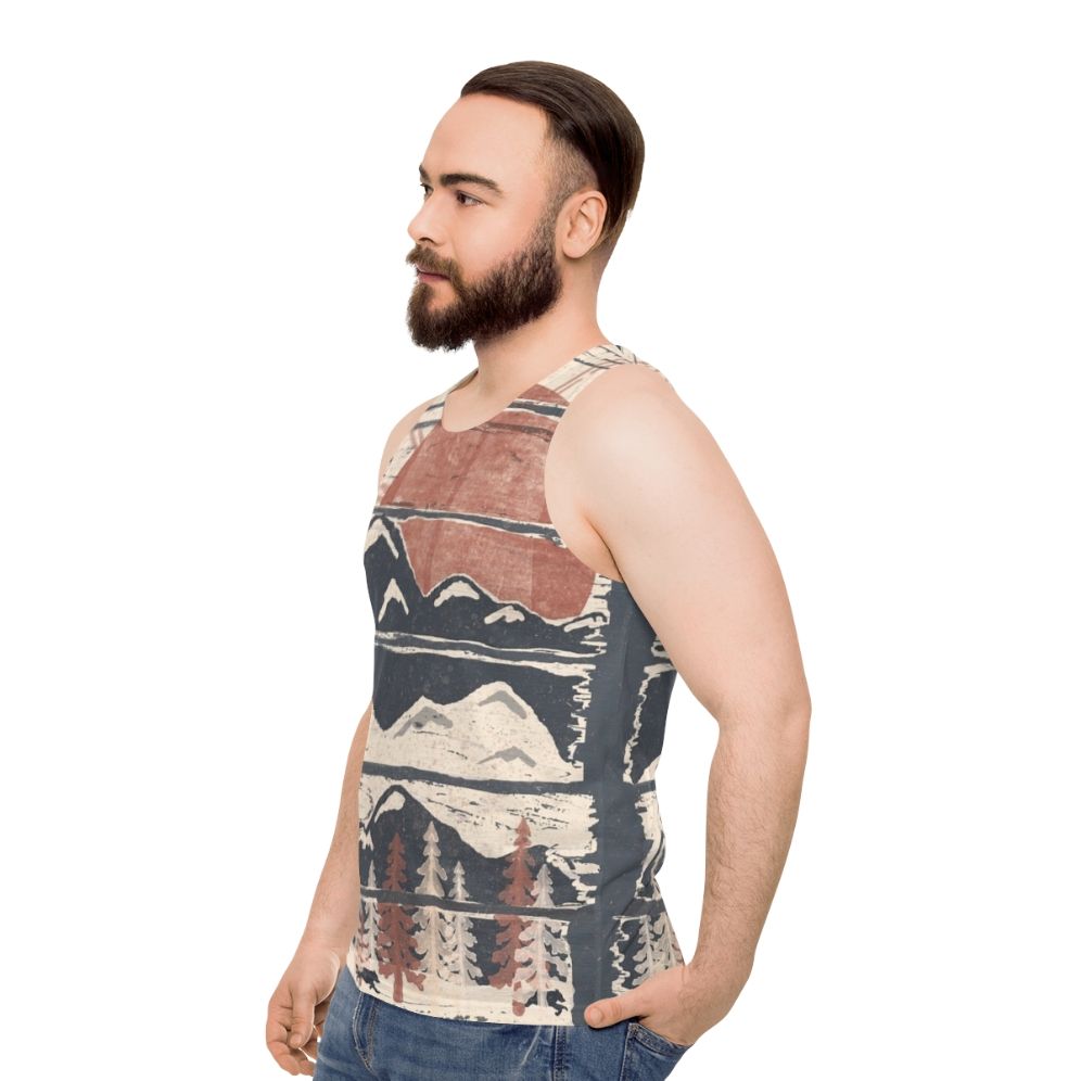 Unisex winter adventure tank top with nature and wildlife graphics - men side