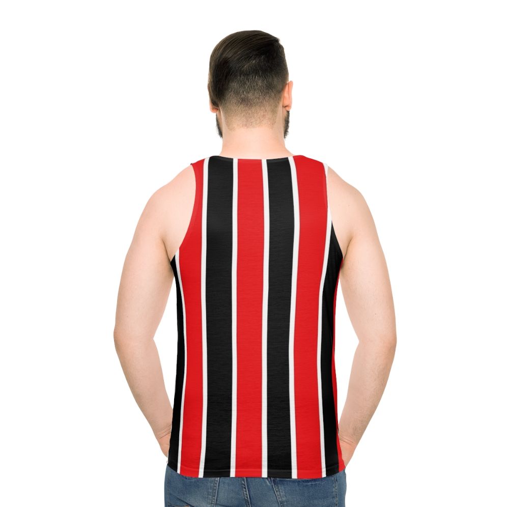 Red, white, and black striped unisex tank top - men back