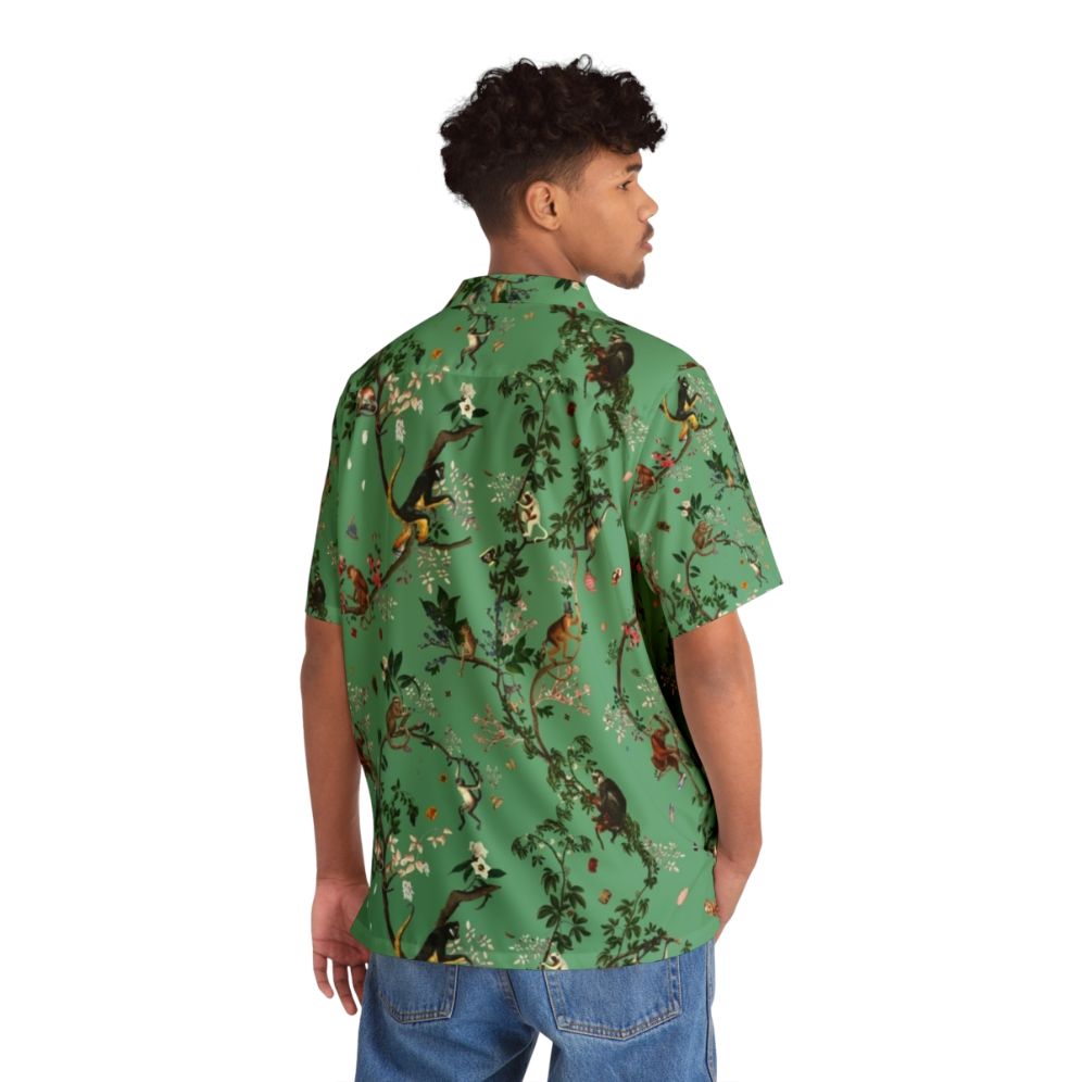 Monkey World Green Hawaiian Shirt with Lush Tropical Floral Print - People Back