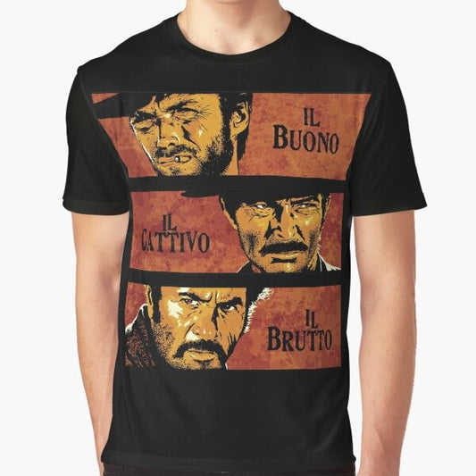 Vintage-style graphic t-shirt featuring "The Good, the Bad, and the Ugly" movie quote and characters