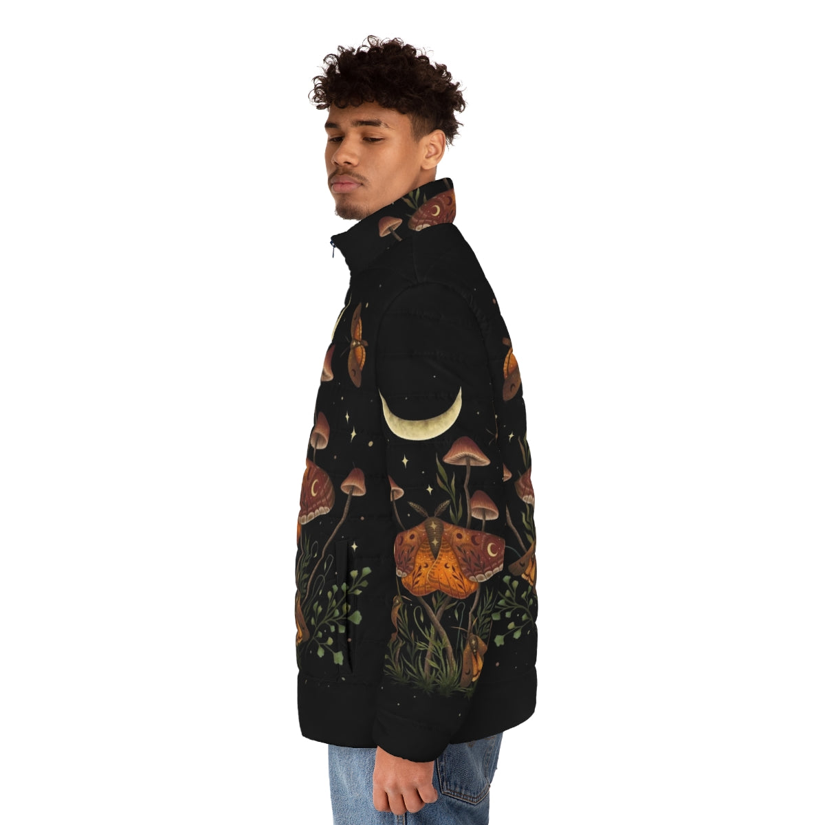 Autumn Light Underwing Puffer Jacket featuring a nature-inspired insect design - men side left