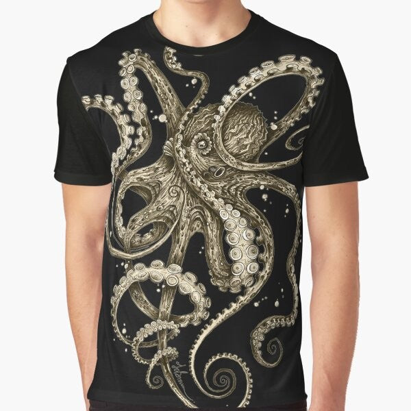 Psychedelic octopus graphic in sepia tones on a t-shirt