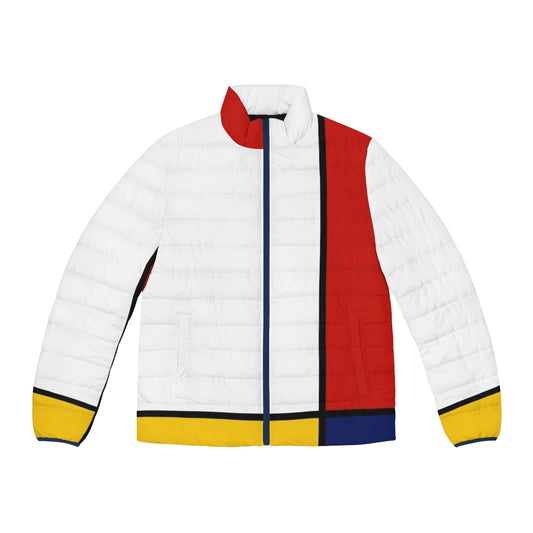 Colorful Mondrian-style abstract art puffer jacket with geometric design