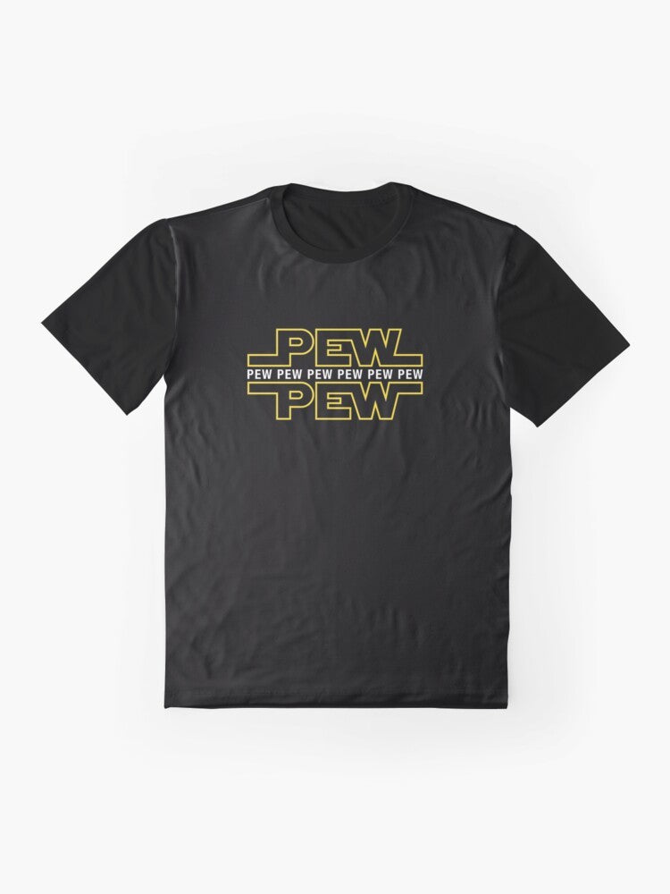 Star Wars-inspired graphic tee featuring the text "Pew Pew Pew" and various sci-fi elements. - Flat lay