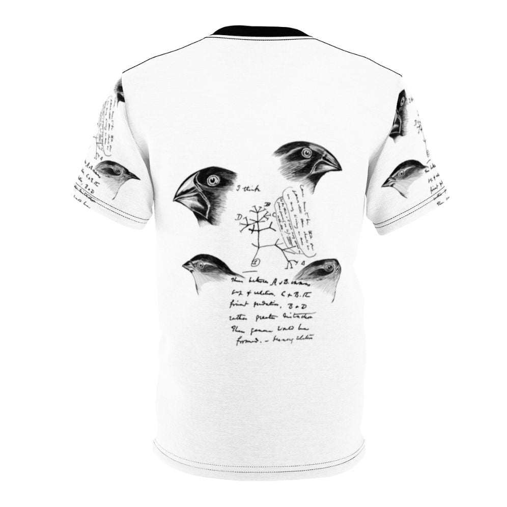 T-shirt featuring an all-over print design of Darwin's finches, a key element in the theory of evolution. - Back