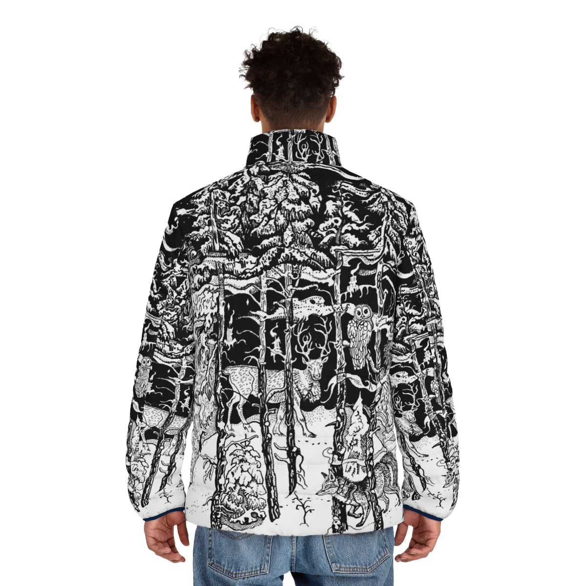 A warm and stylish puffer jacket featuring a winter forest scene with animals like deer, fox, and owl. - men back