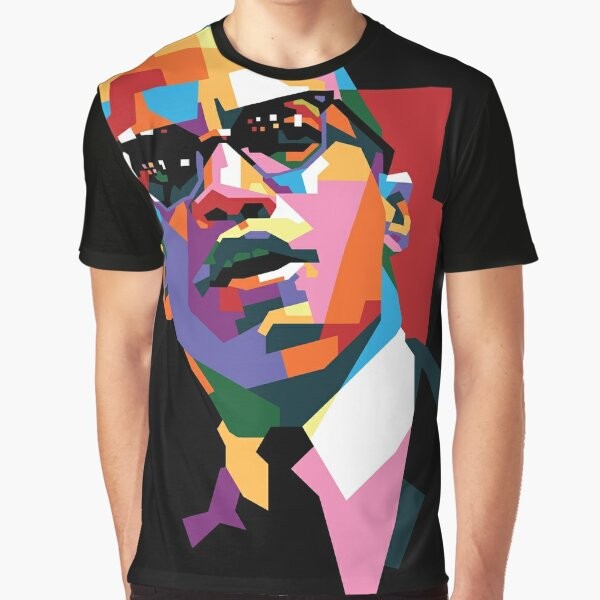 "Graphic t-shirt featuring the iconic portrait of African American civil rights leader Malcolm X"