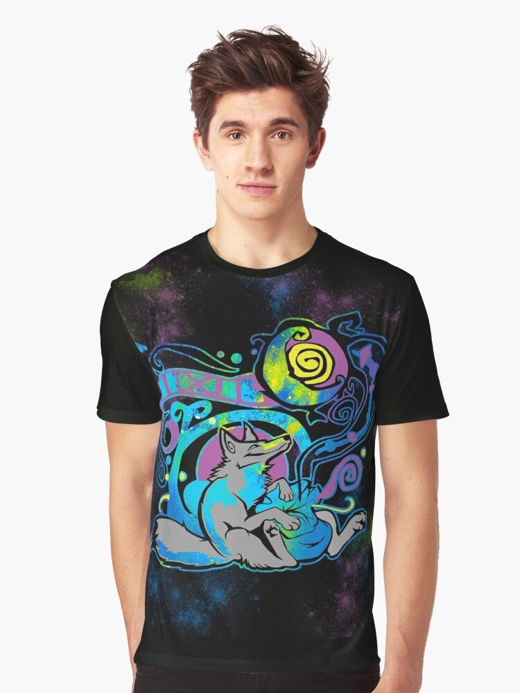 Tribal animal graphic t-shirt with stars, moon, and swirly designs in the style of Zhivago - Men