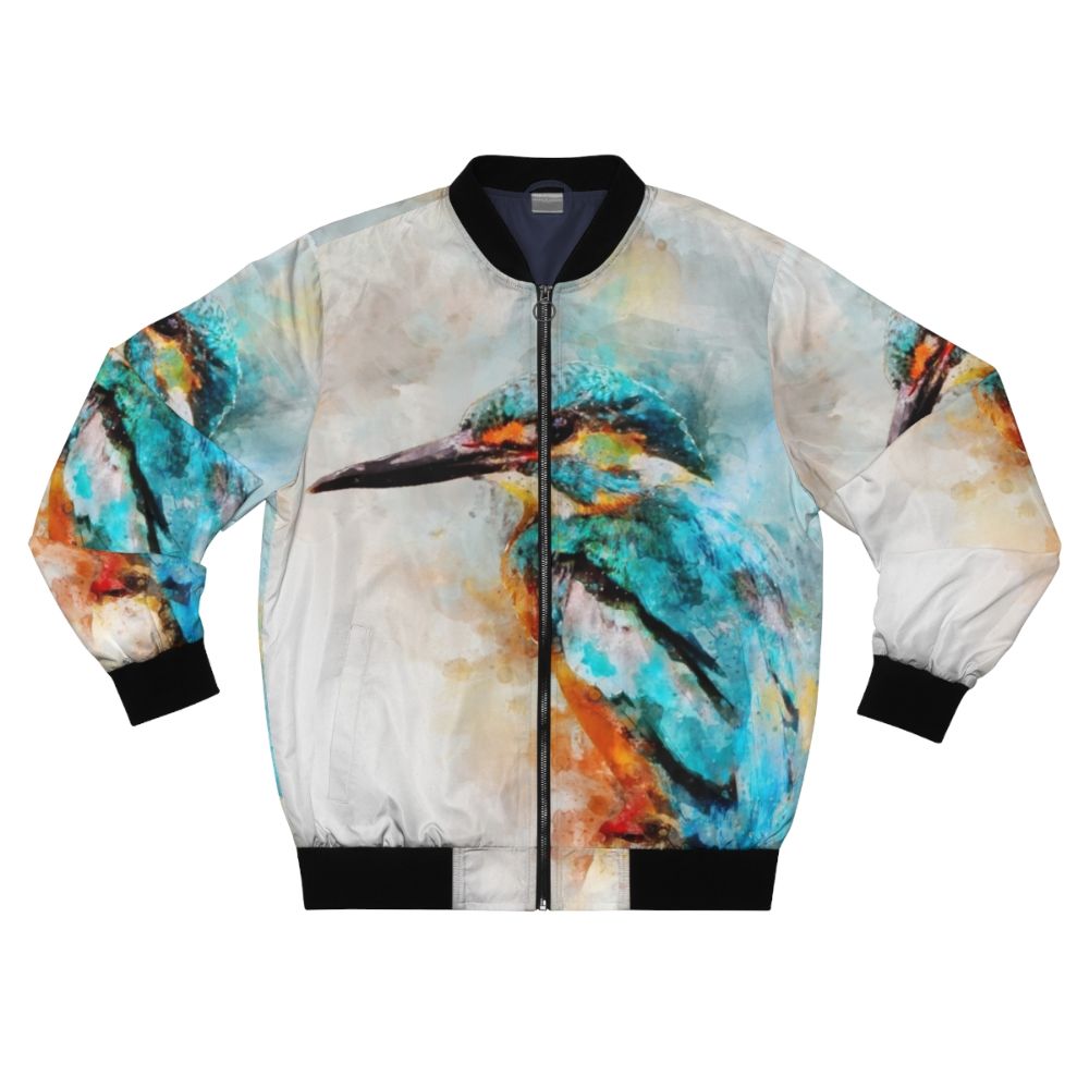 Colorful watercolor painting of a kingfisher bird on a bomber jacket