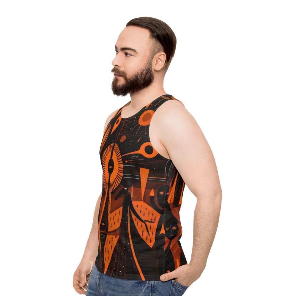 Unisex tank top with nature-inspired woodcut artwork featuring ancient spiritual symbols - men side