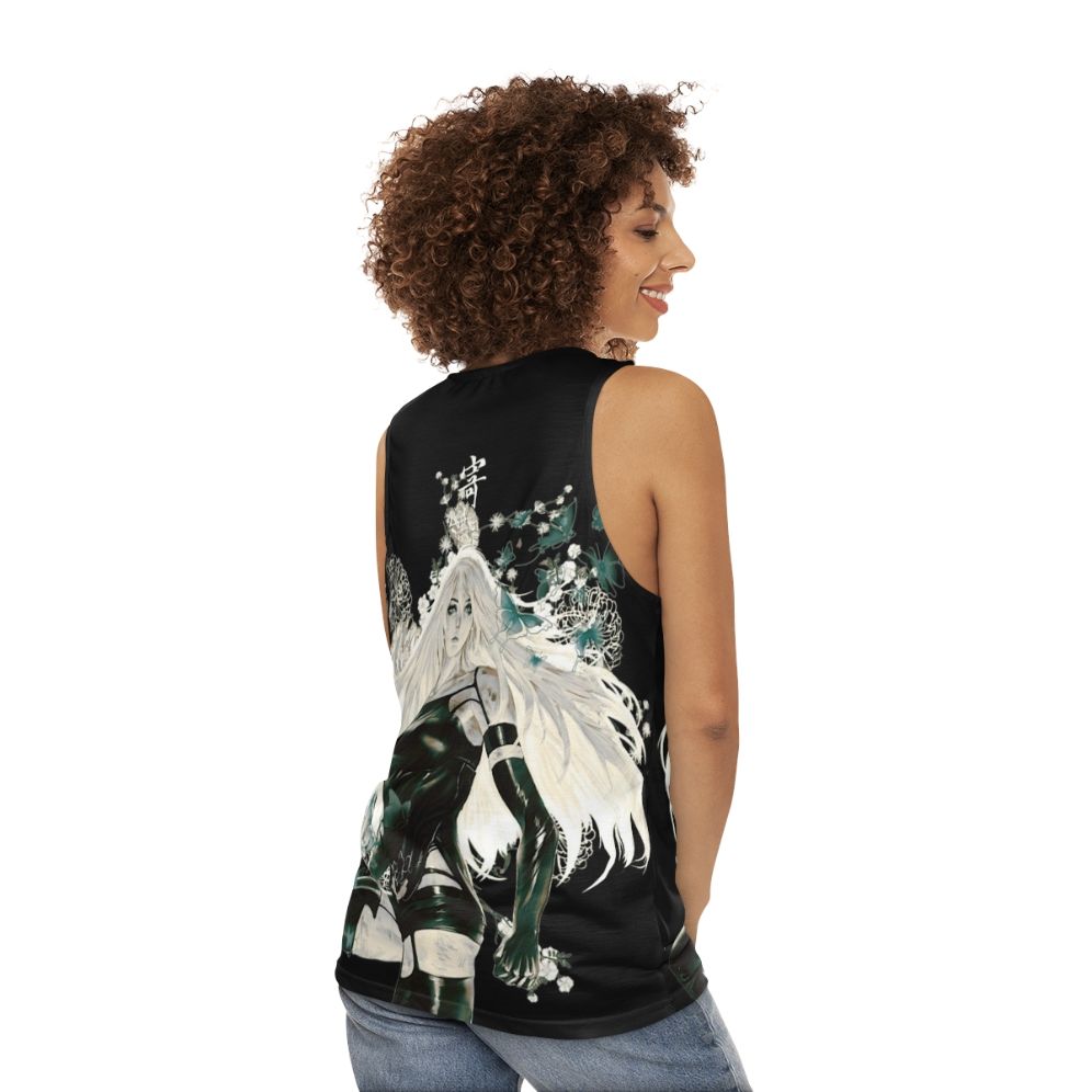 Unisex tank top with butterfly and floral design in a dark, fantasy style - women back