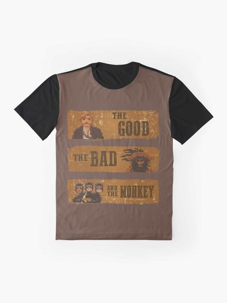 Monkey Island graphic t-shirt featuring the good, the bad, and the monkey characters from the classic 80s videogame. - Flat lay