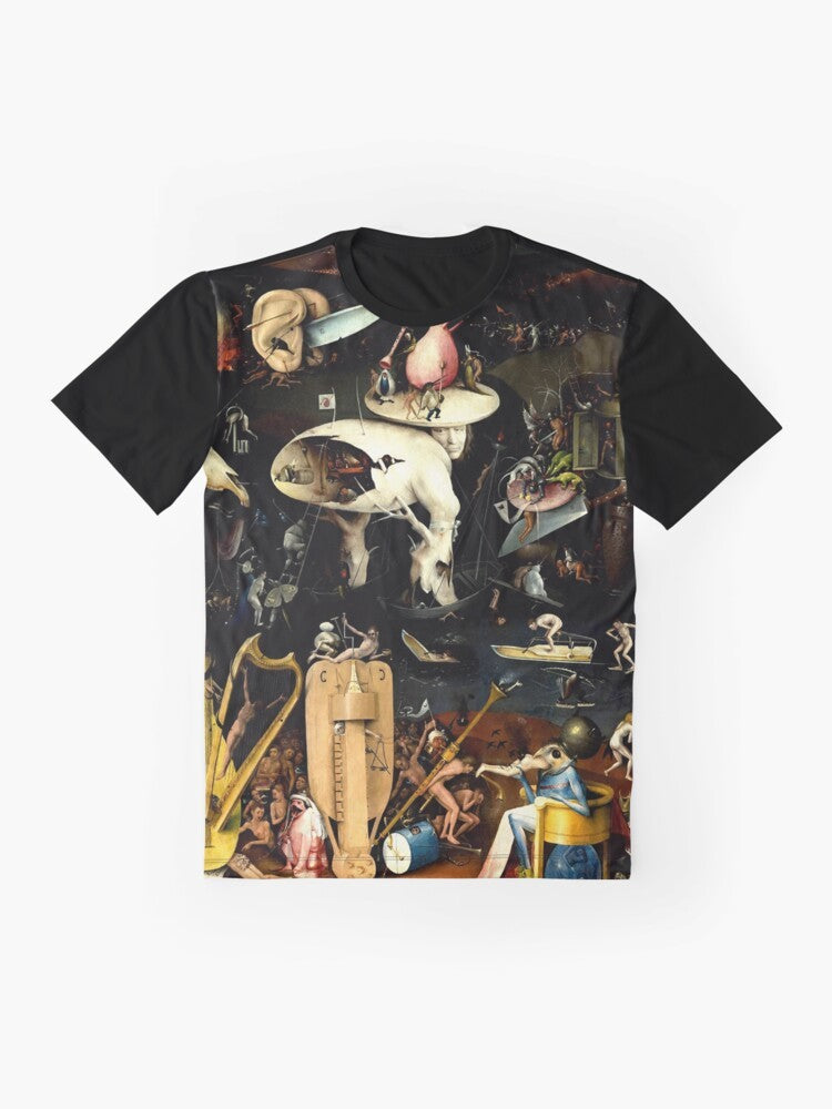 Graphic t-shirt featuring Hieronymus Bosch's iconic "Hell" painting from the "Garden of Earthly Delights" - Flat lay