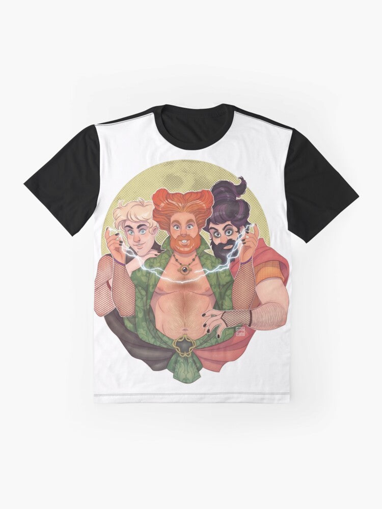 Hocus Pocus gay muscle bear graphic t-shirt design with bearded men - Flat lay