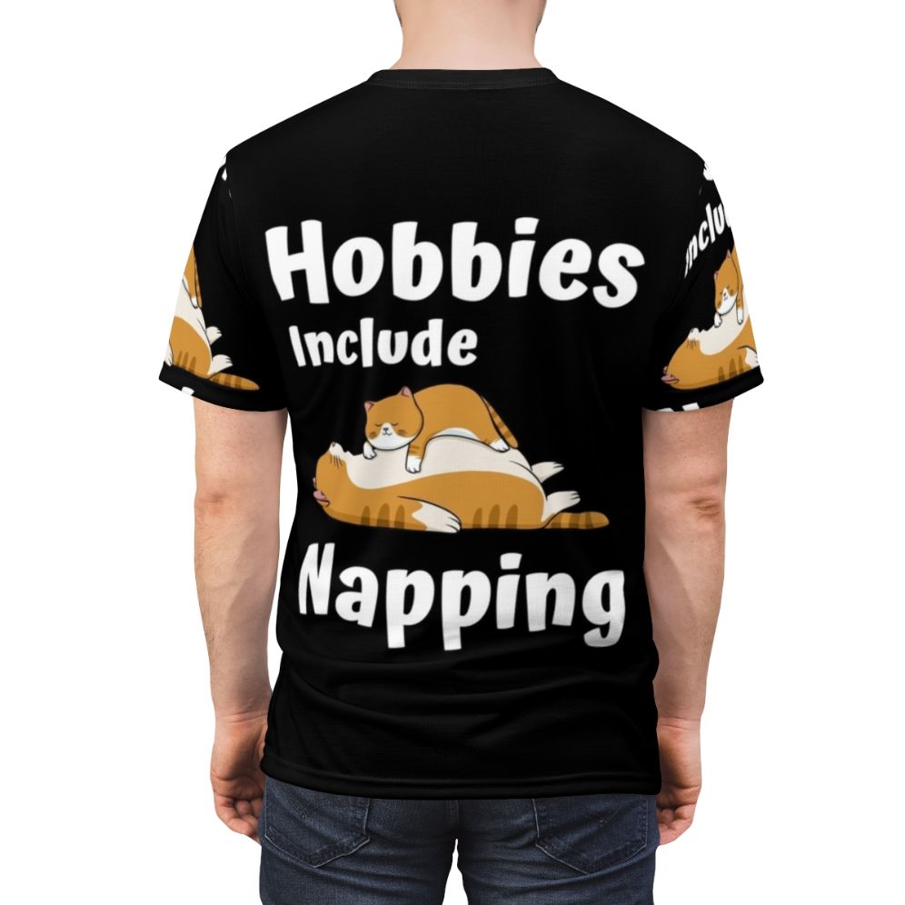 Cozy T-shirt with "Hobbies Include Napping" design - men back