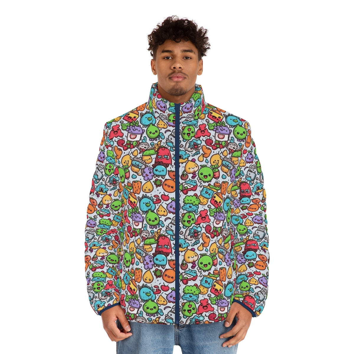 Hobbies puffer jacket with vibrant cartoon graphics of pineapple, snacks, and zoo animals - men front