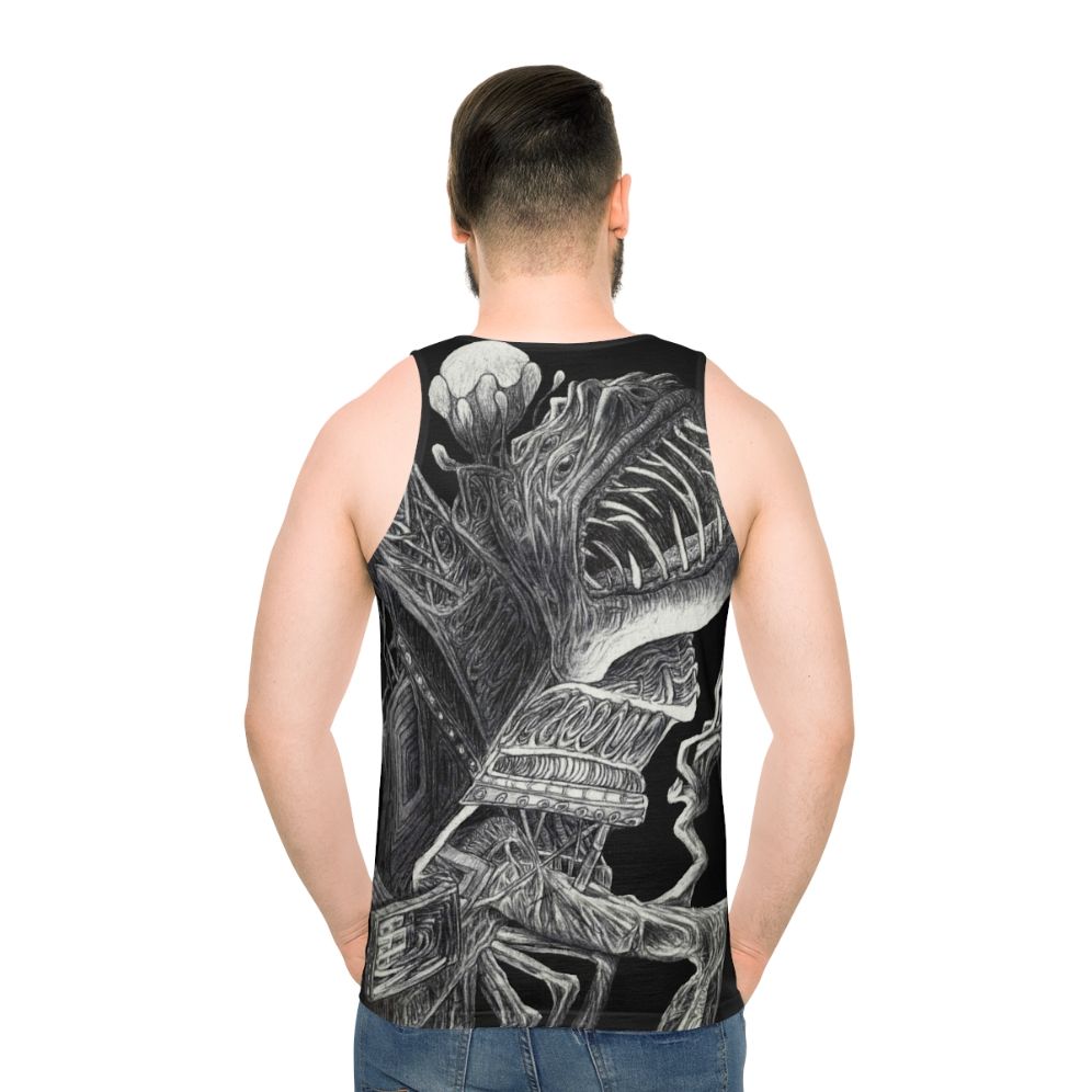 Surreal horror unisex tank top with monster graphic - men back