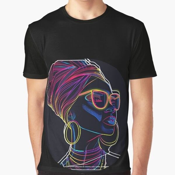 Radiant Queen Graphic T-Shirt featuring a vibrant neon portrait of an African beauty with glowing silhouette and luminous lines.