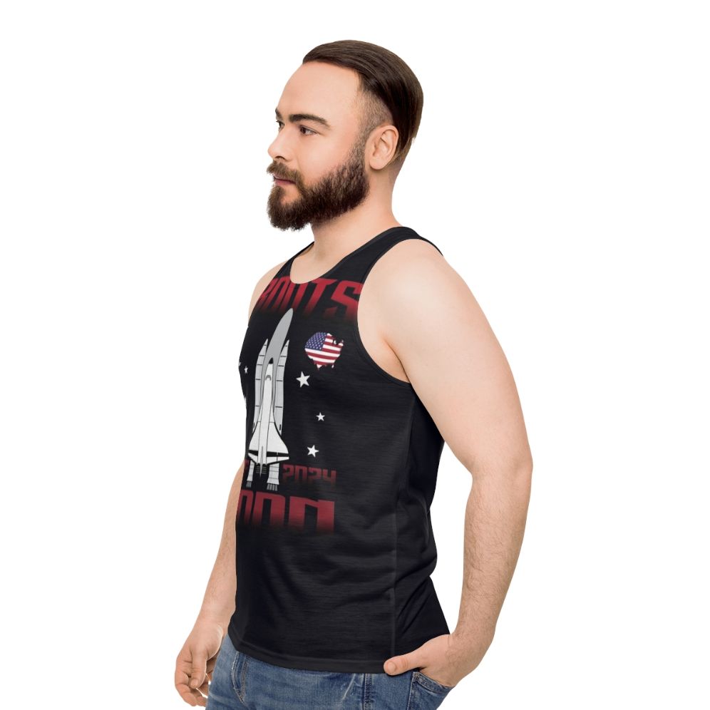 Boots On The Moon Unisex Tank Top featuring space-themed graphics - men side