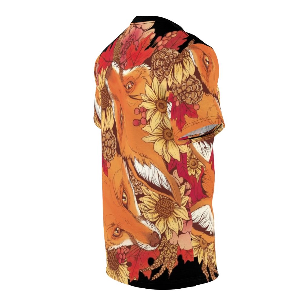 Artwork featuring a red fox surrounded by autumn leaves, sunflowers, and pinecones on a comfortable t-shirt - men right