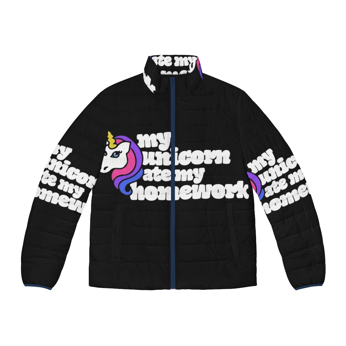 A colorful puffer jacket with a unicorn design