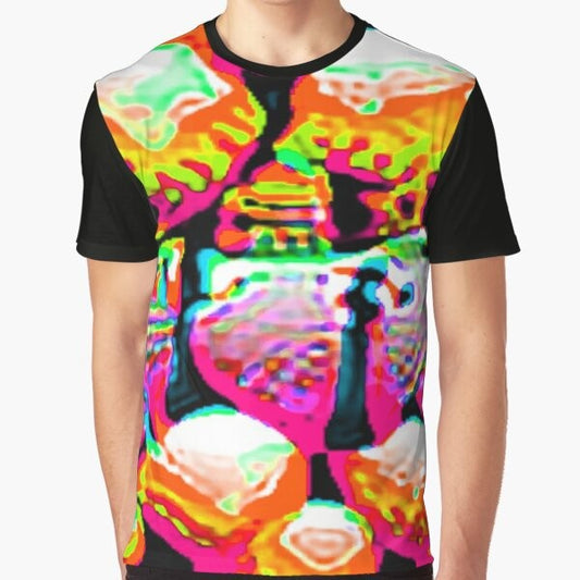 Anti-facial recognition invisibility camouflage graphic t-shirt design with adversarial patterns to protect against artificial intelligence surveillance.