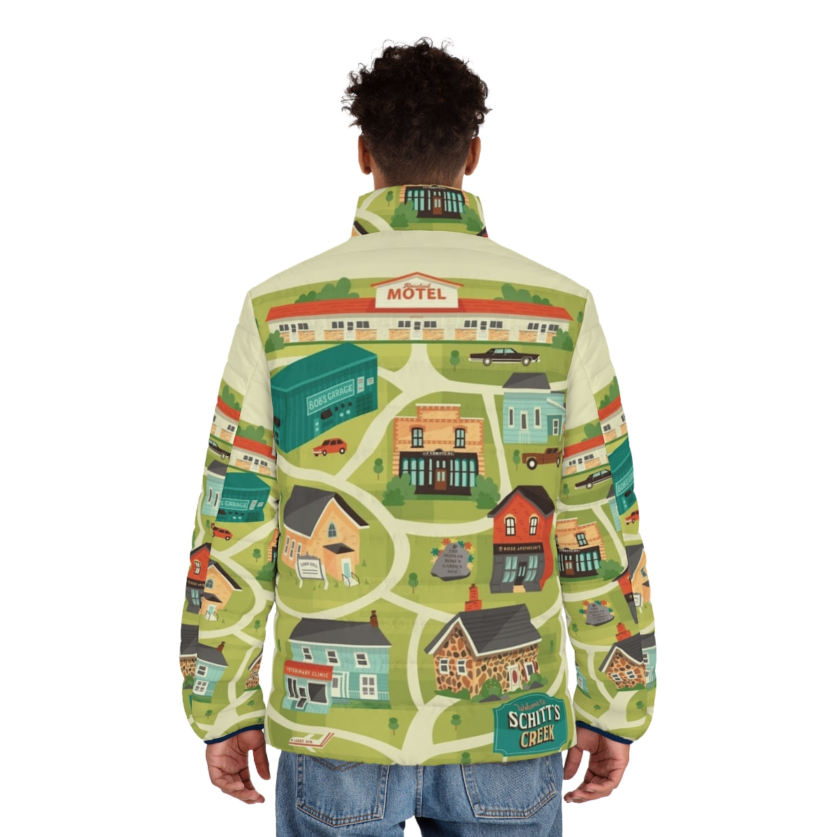 Schitt's Creek Town Map Puffer Jacket with Sitcom Characters - men back