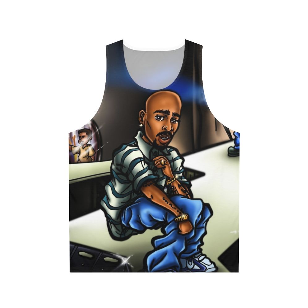 Unisex graphic tank top with airbrush anime-inspired caricatures