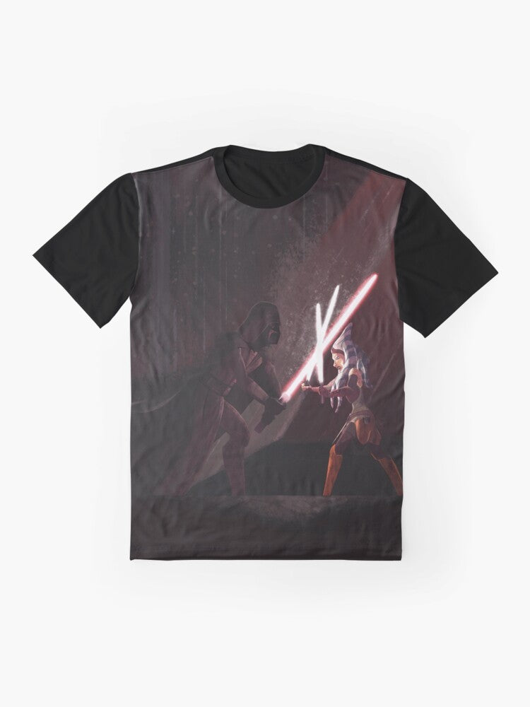 Star Wars-inspired graphic t-shirt featuring the battle between a Jedi Master and their Apprentice - Flat lay