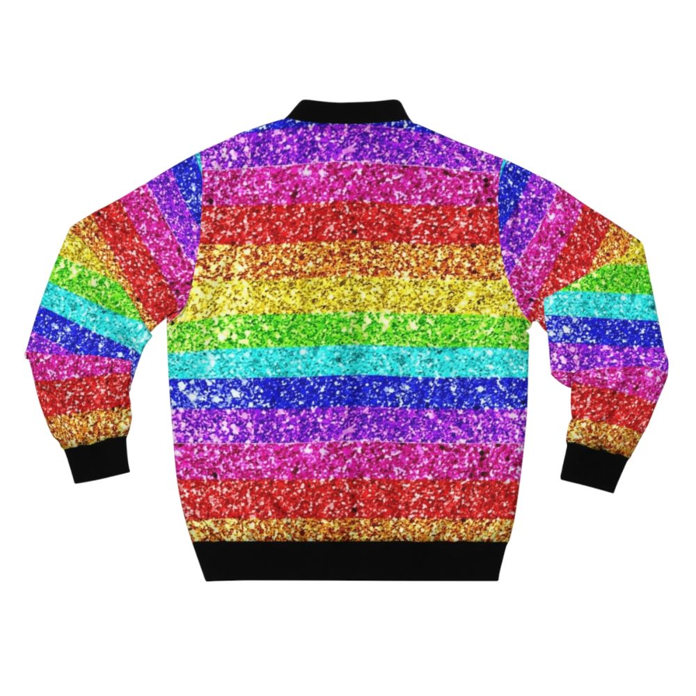 A vibrant, sparkling rainbow glitter bomber jacket for Pride and LGBTQ+ celebrations. - Back