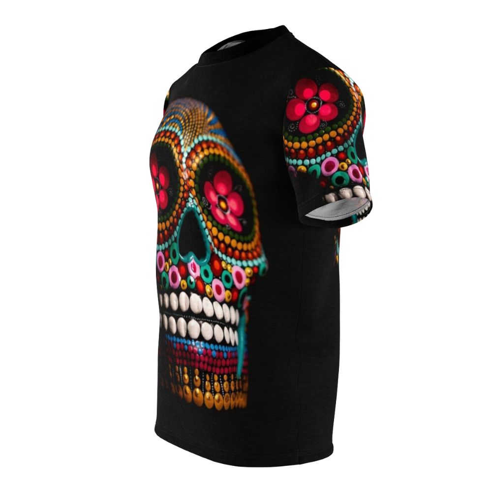 Vibrant, electric-colored sugar skull design on a t-shirt for Day of the Dead celebrations - men left