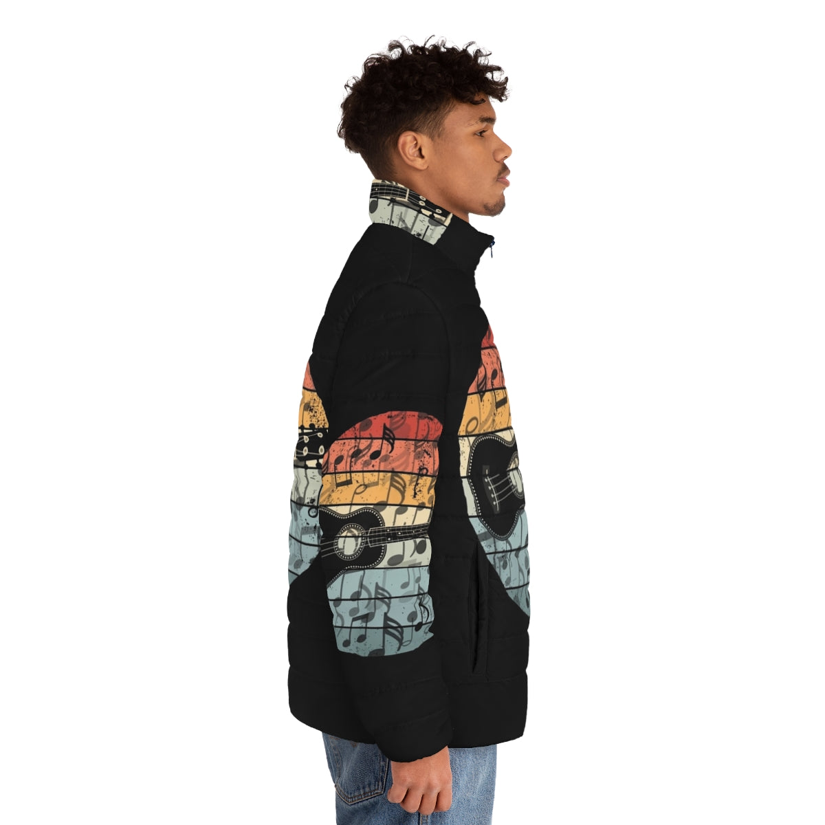 Retro puffer jacket with a ukulele player design - men side right