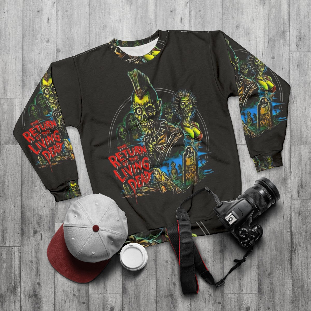 Retro 80s horror-themed 'Return of the Living Dead' Tarman sweatshirt - flat lay